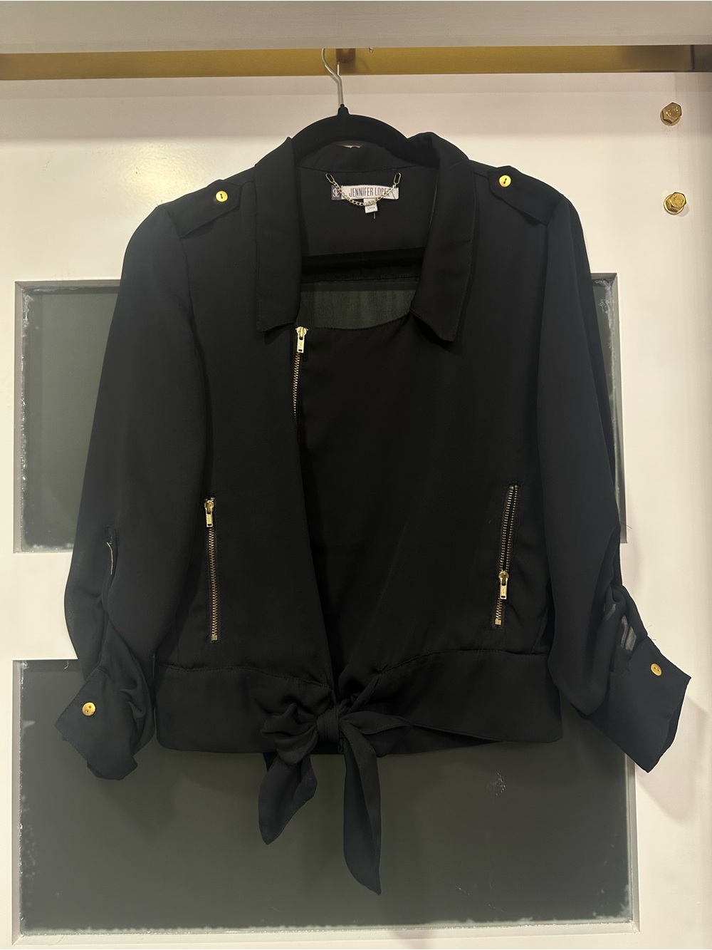 Jennifer Lopez Black Tie-Front Utility Jacket with Gold Hardware